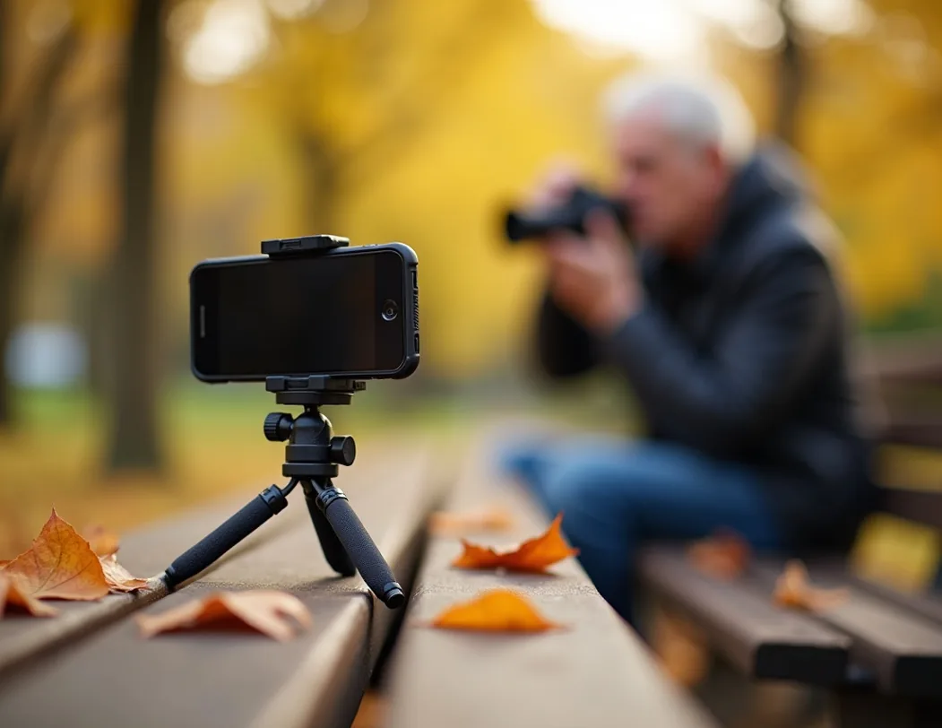 Close-up of smartphone mounted on small tripod on park bench with blurred senior photographer visible