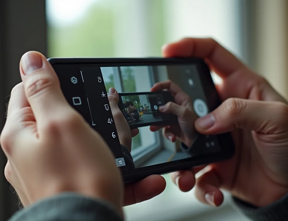 Close-up of weathered hands adjusting camera settings on modern smartphone screen with soft natural window light
