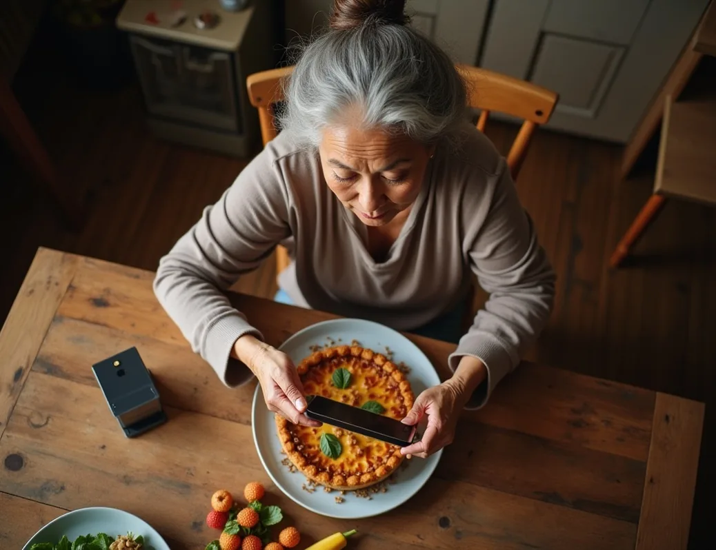 Elderly Asian woman carefully composing food photo of homemade pie on rustic kitchen table