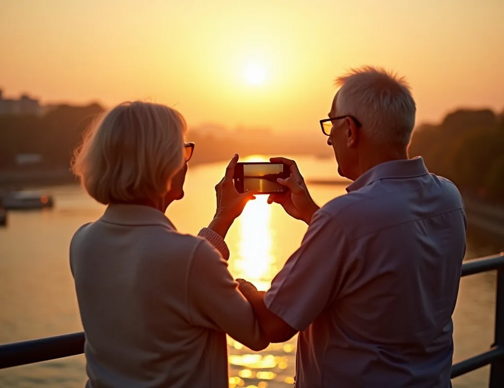 Elderly couple standing on bridge at sunset woman teaching man how to frame landscape photo