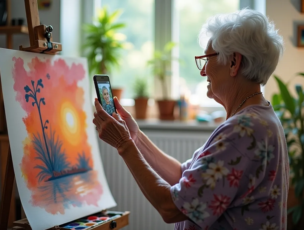 Elderly woman in art studio photographing watercolor painting with smartphone for social media