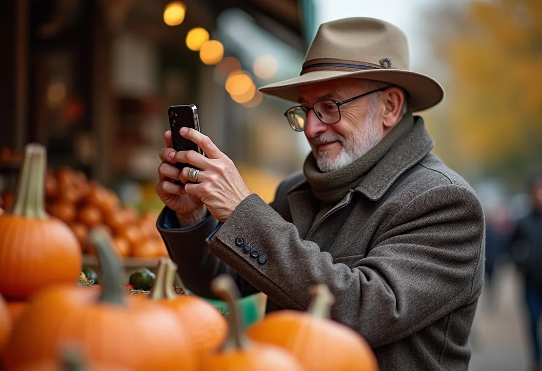 Senior gentleman in tweed jacket photographing autumn market produce with smartphone pumpkins