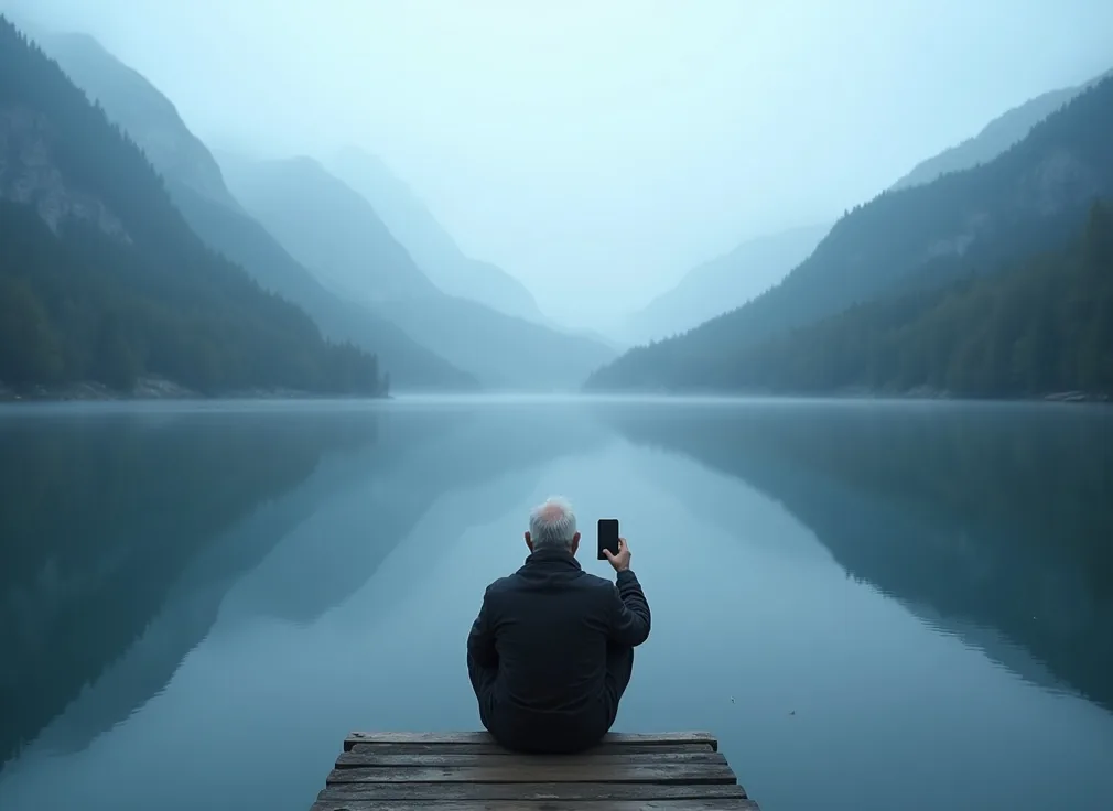Senior man sitting on wooden dock at misty lake holding phone up to capture the reflection