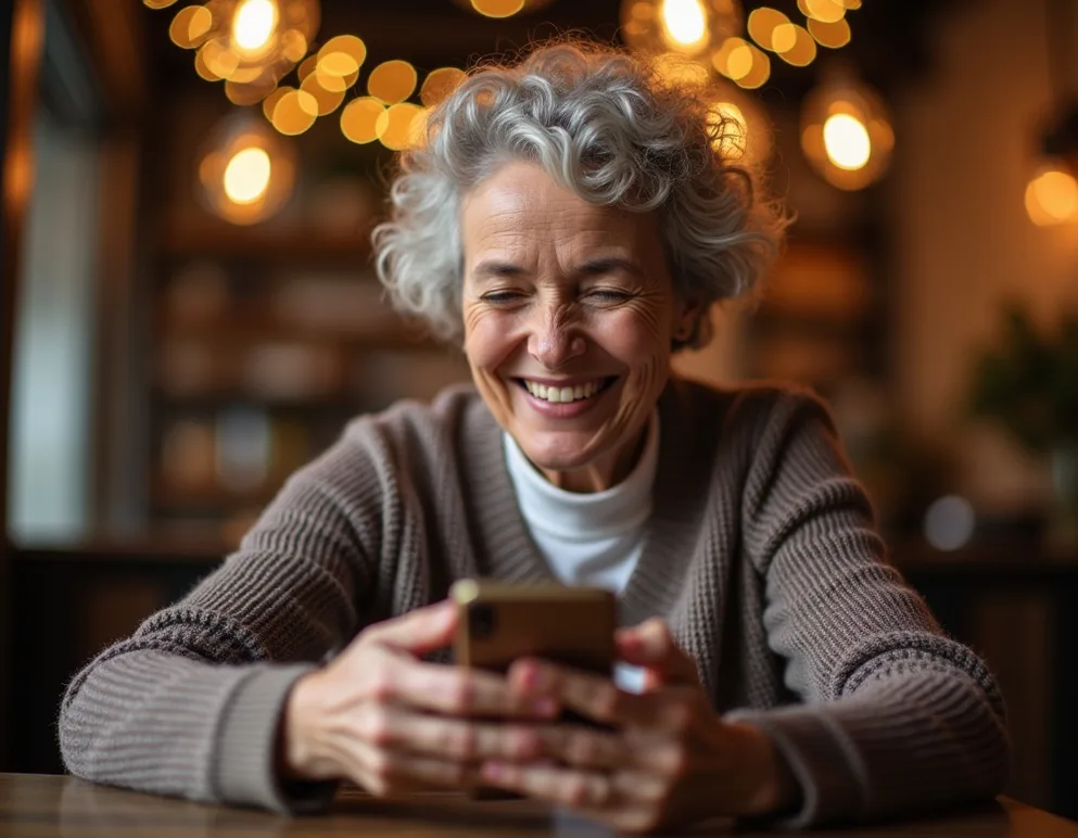 Senior woman smiling while reviewing photos in smartphone gallery at cozy cafe with bokeh background