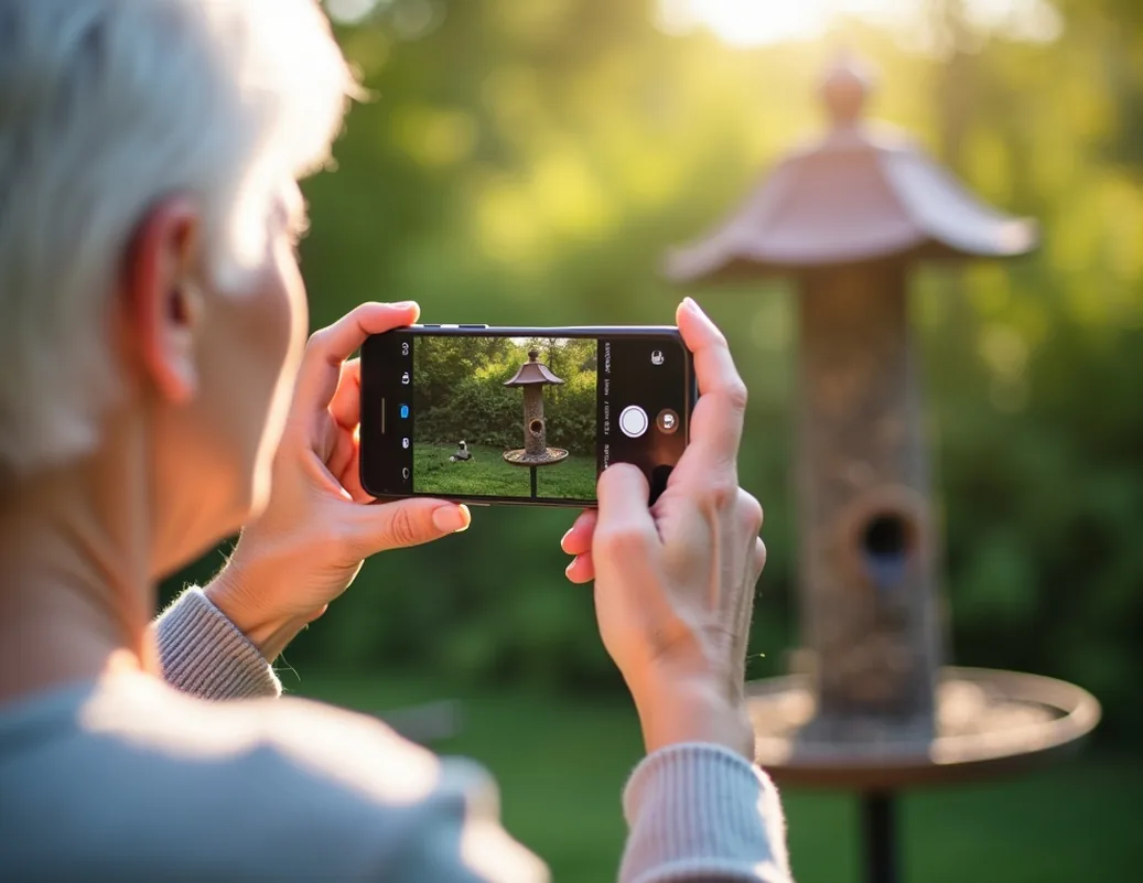 Senior woman with white hair using two fingers to zoom on smartphone camera while photographing