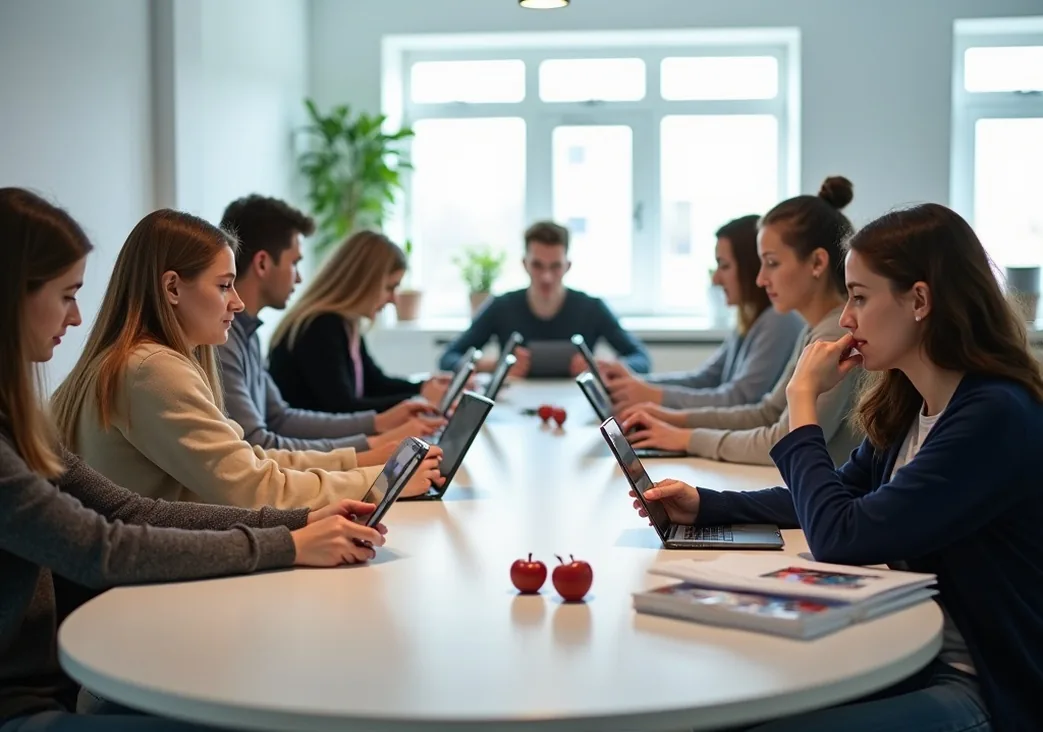 Wide shot of bright modern workshop room with seniors at individual desks practicing smartphone photography